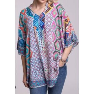 Tolani Collection Womens Large Belle Ruby Diamond Print V Neck Top Resort Boho